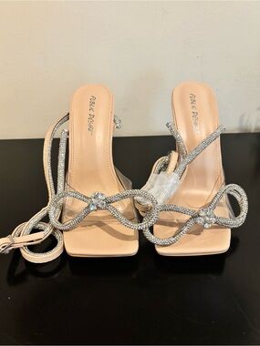 Public Desire Nude Heeled Sandals with Rhinestone Bow Straps